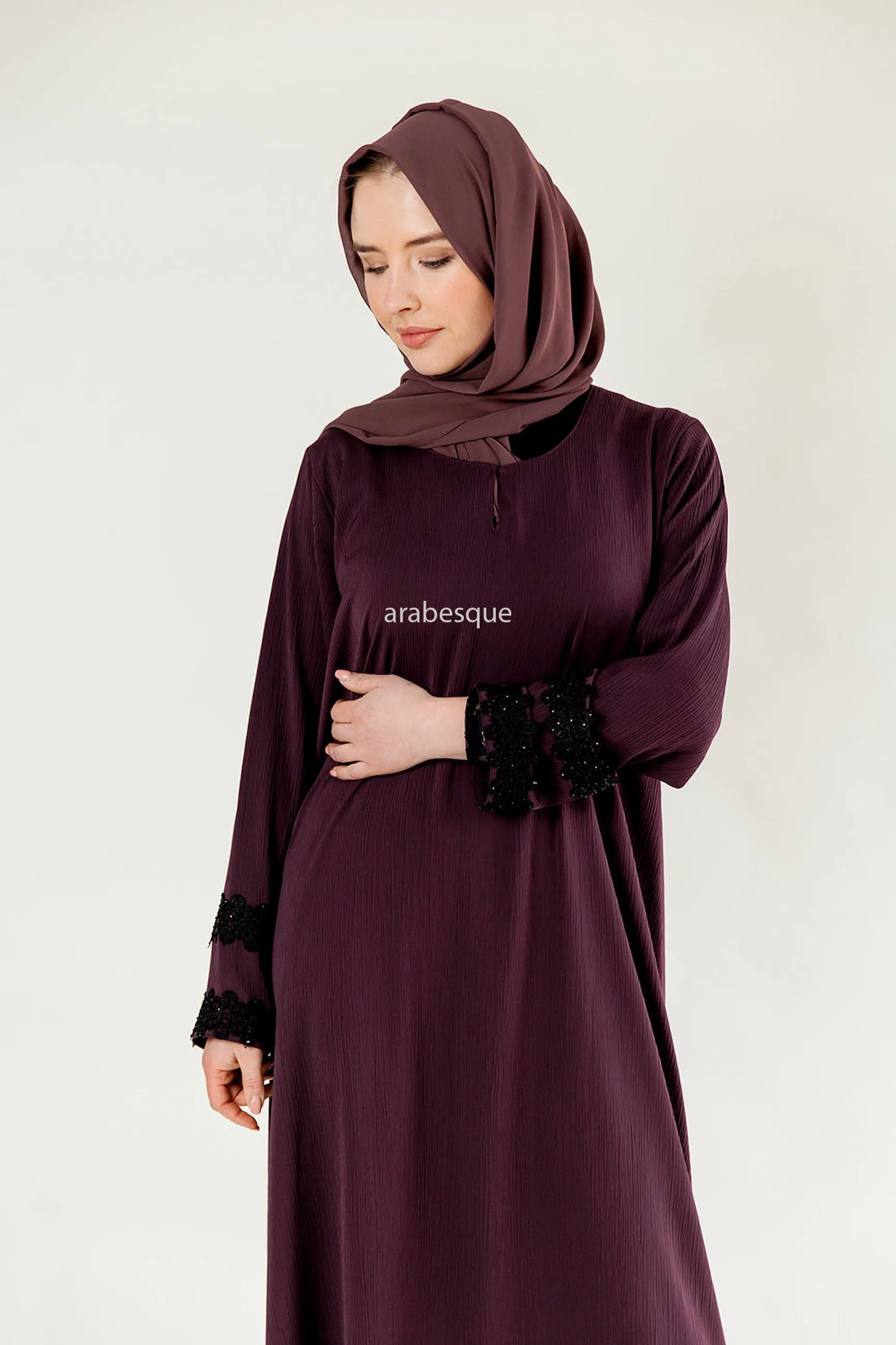 Lace Detail Umbrella Cut Textured Closed Abaya - 5 Colours