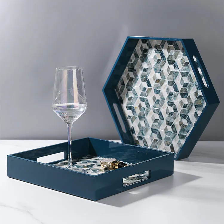 Lacquered Blue Mother of Pearl Inlay Square Tray