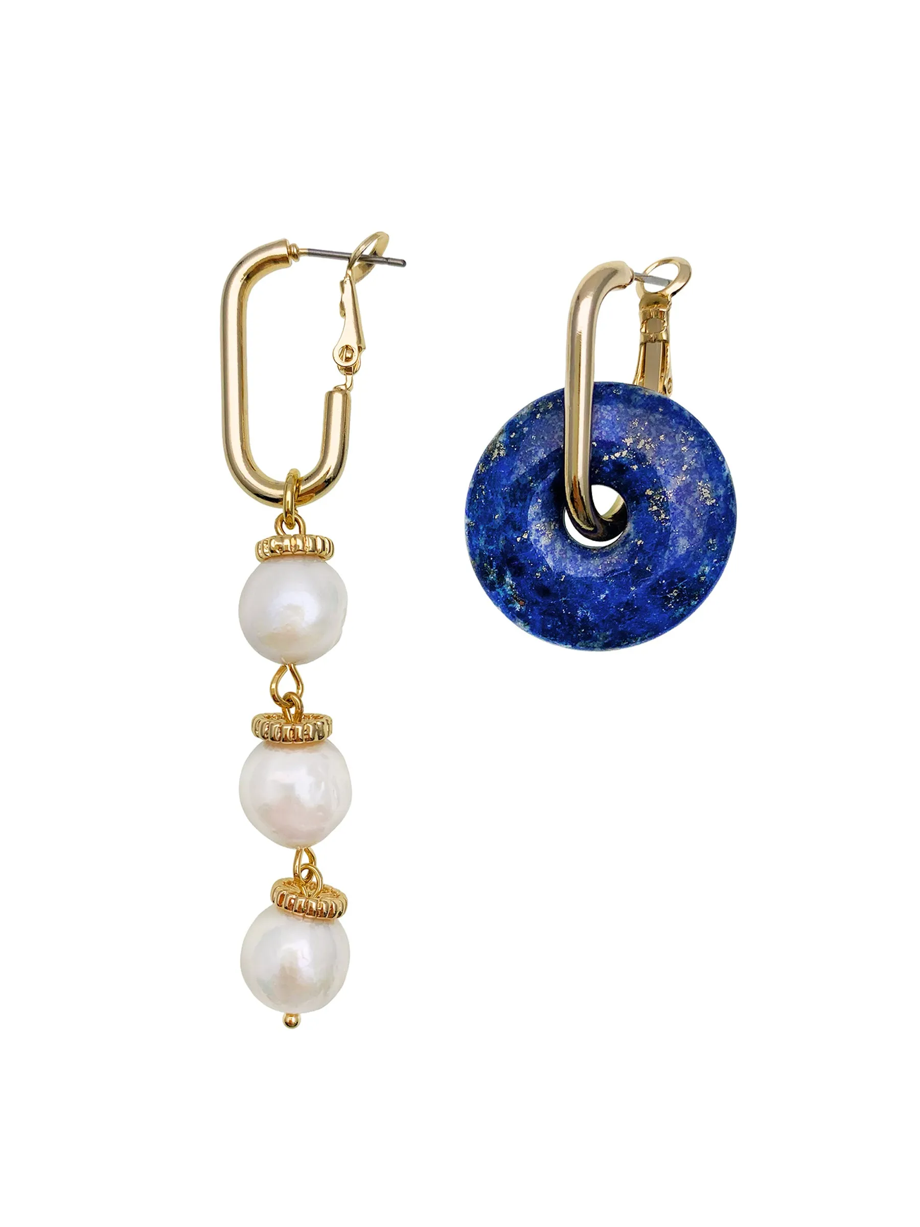 Lapis & Freshwater Pearls Asymmetric Clip On Earrings EE019