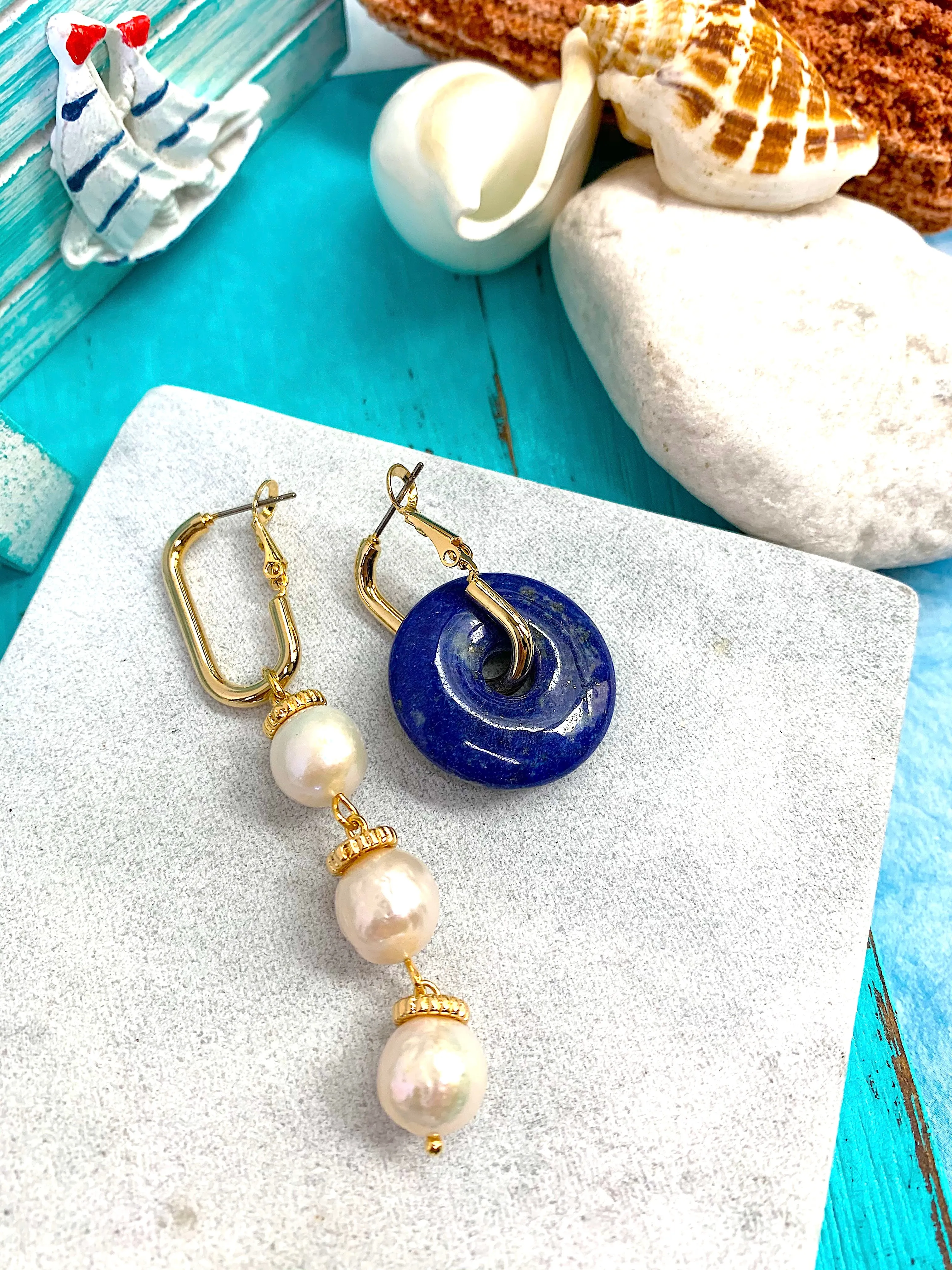 Lapis & Freshwater Pearls Asymmetric Clip On Earrings EE019