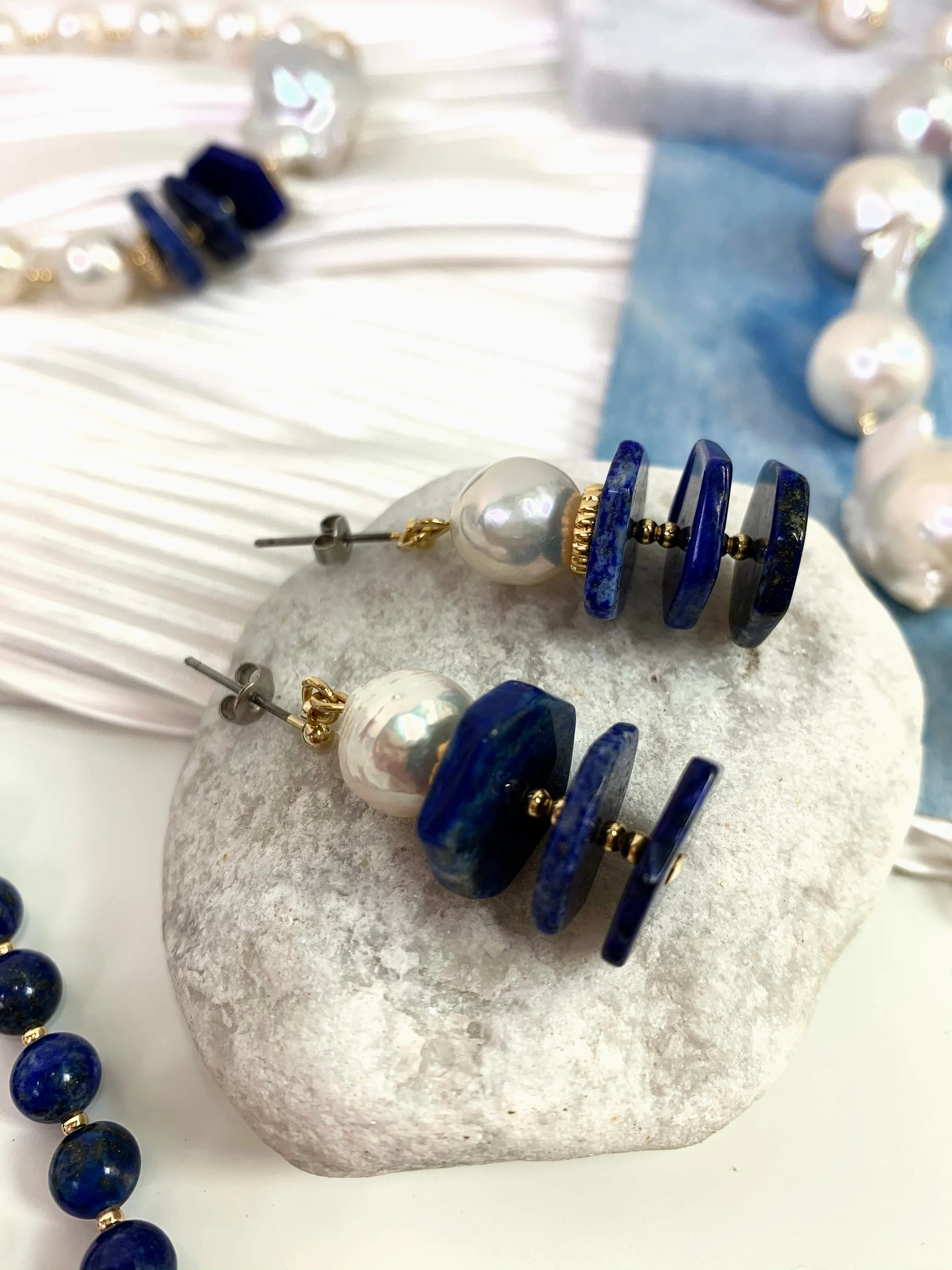 Lapis Lazuli With Freshwater Pearls Stud Earrings EE018