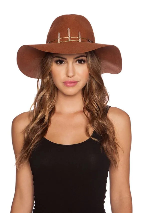 Lovely Bird Buenos Aires Crystal Hat Camel Brown Felt Wide Brim Fedora With Quartz Crystals Hat Band Epic Festival Hat