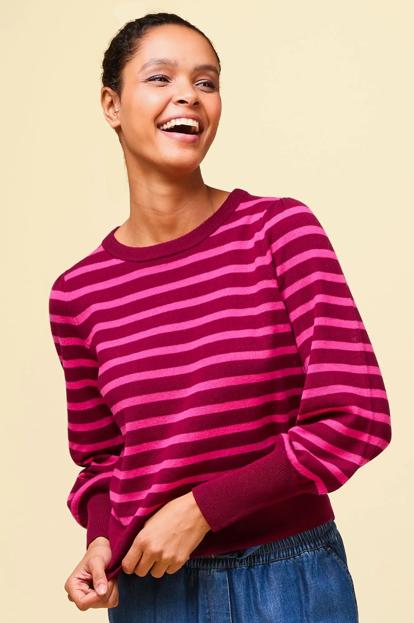 Merino Wool Stripe Crew Neck Jumper | Wine/Pink