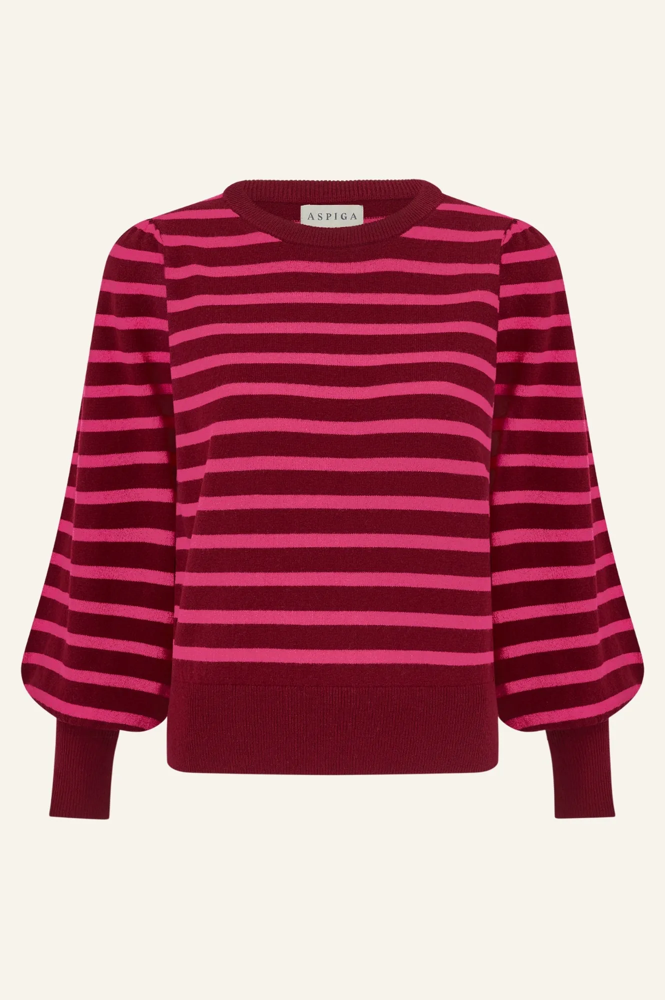 Merino Wool Stripe Crew Neck Jumper | Wine/Pink