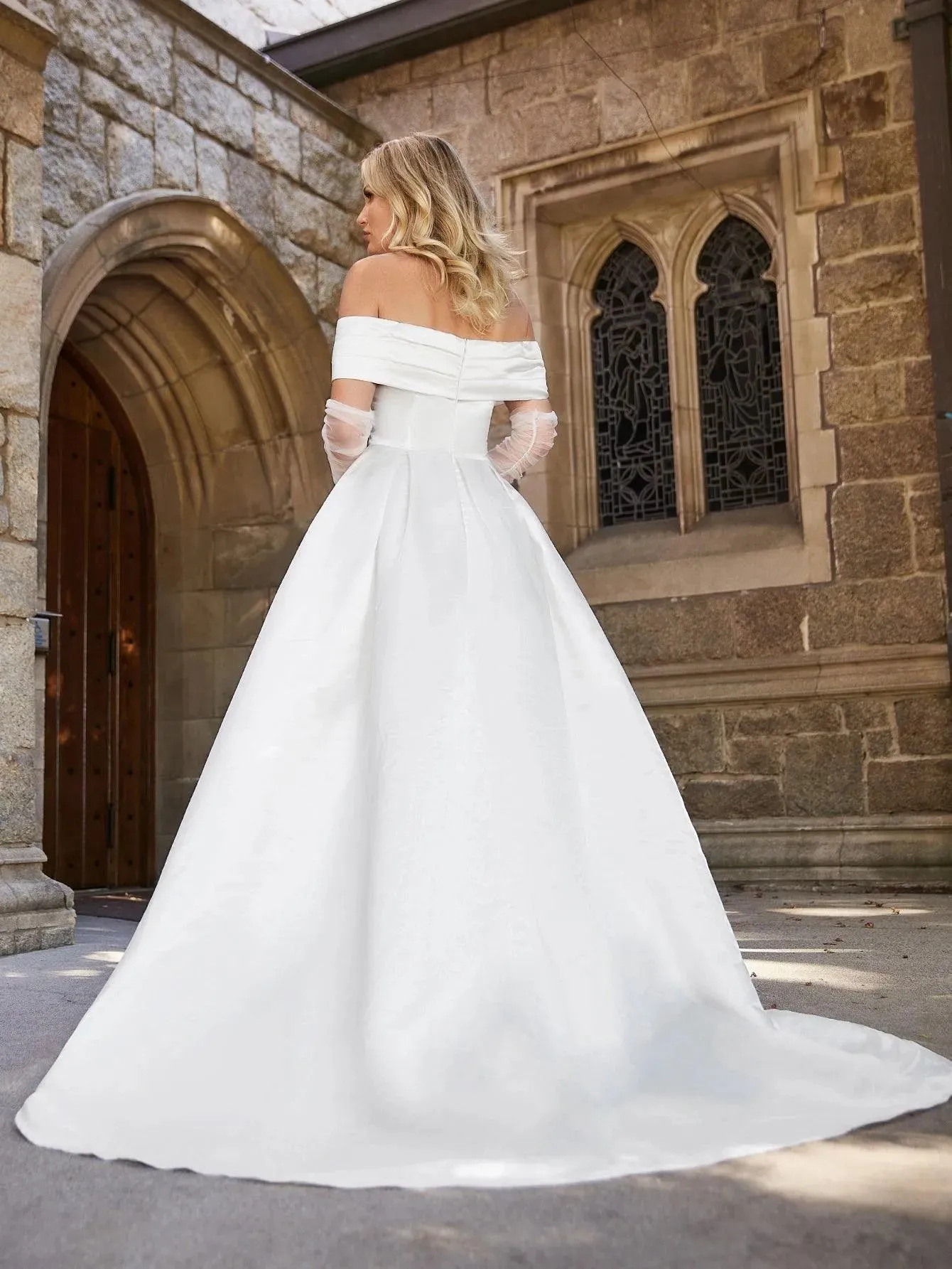 Off Shoulder Floor Length Satin Wedding Dress