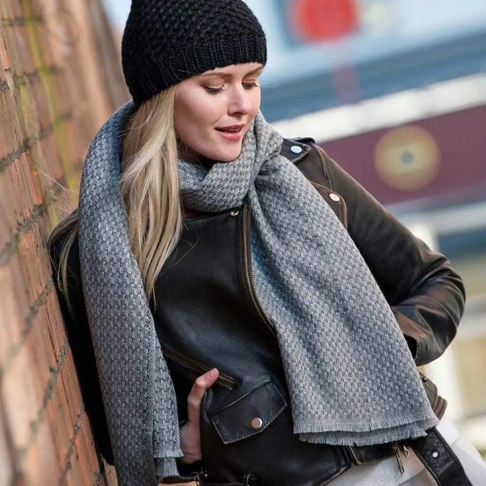 Peony London Elegant Grey Basket Weave Wool Blend Shawl - Stylish & Cozy Wrap for All Seasons