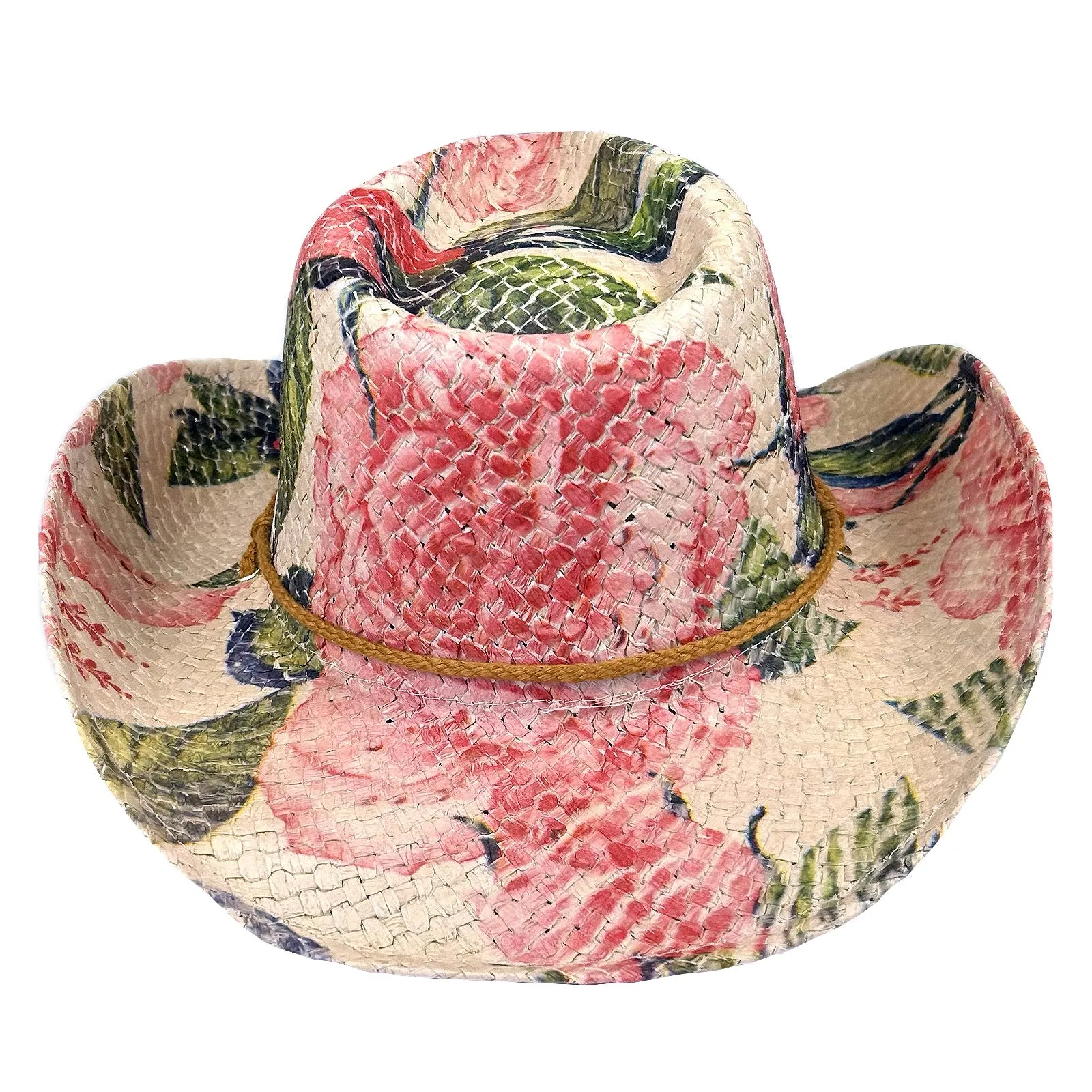 Pink & Green Floral Print Straw Western Cowgirl Hat